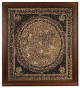 A traditional Burmese Kalaga tapestry, 20th century, framed 88 x 78cm overall