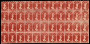 1865-71 (SG.69) 1d Dull vermilion Chalon numeral wmk, perforated 12 by J Walch; a fresh block (11 x 4) with gum in excellent condition. Shows slurred print in several lower left units. Mounted on special page prepared for the Burrus sale by Robson Lowe Lt