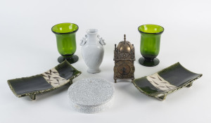 A Chinese porcelain vase, Arabia Ware lidded box, English lantern clock, pair of Murano glass vases and two Japanese pottery dishes, the vase 15cm high