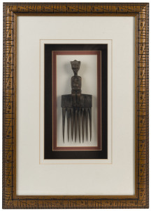 Two South African tribal artefact framed displays, the larger 48 x 57cm overall