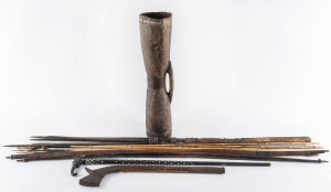 Fijian rifle stock club, Papua New Guinea bows, arrows, drum and harpoon, 20th century, club 63cm long