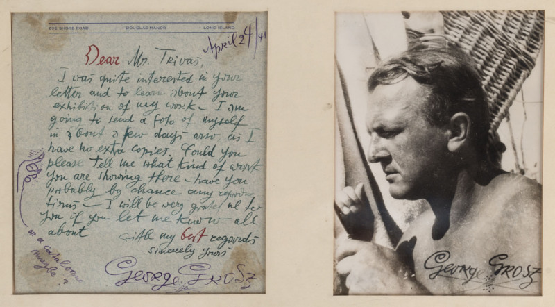 AUTOGRAPH LETTER: GEORGE GROSZ signed letter to NUMA TRIVAS, 1941 24 April, 1941 ALS, in green, red and violet ink on the artist's Douglas Manor stationery; single sheet (170 x 150mm), to Numa S. Trivas, curator of the Crocker Art Museum in Sacramento, Ca