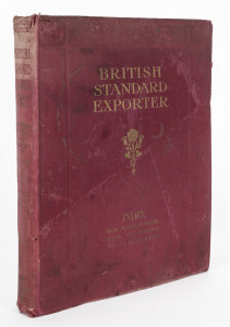 "The British Standard Exporter. The Standard Work of Reference on British Sources of Supply. GROCERIES & PROVISIONS, WINES, SPIRITS & TOBACCO SERIES". Impressive hardcover volume in red cloth boards housing a comprehensive index of British wares with beau