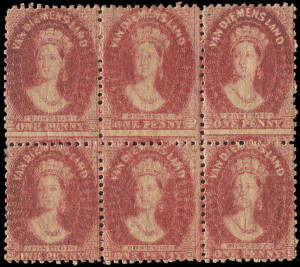 1865-71 (SG.70) 1d Carmine perforated 11½-12 in a mint block of (6). Cat. £540.