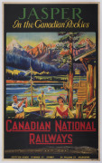 Fred Powis (Australian, active 1910s-40s) Jasper In The Canadian Rockies c1929 colour lithograph, signed “Fred Powis” in image lower right, 101 x 63.5cm. Linen-backed. Text continues “Canadian National Railways. Scottish House, 19 Bridge St, Sydney. 84 W