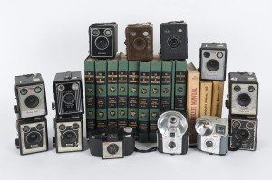 CAMERAS: An accumulation of Kodak box cameras, later types, electronic flash equipment and a number of books. (qty).