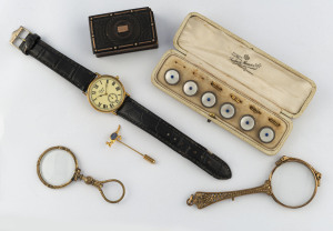 Antique gold plated lorgnette, eye glass, set of buttons, Georgian snuff box, Longines wristwatch and a stickpin, 19th and 20th century,