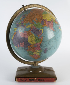 REPLOGLE 12" globe of the world with world atlas base, circa 1960