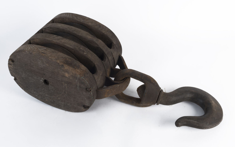 A big pulley block with hook, wood and iron, early 20th century, 69cm high,