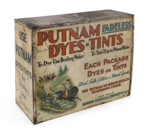 "PUTNAM FADELESS, DYES - TINTS", point of sale advertising display, lithograph on tin over wooden case, late 19th century, 37cm high, 48cm wide, 20cm deep,