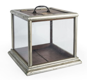 A nickel bound ballot box by E.X. Ganter Showcases, Baltimore, U.S.A. 19th century, 31cm high, 34cm wide, 34cm deep