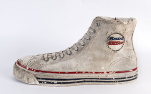 Point of sale "BATA BULLETS" plaster high top boot, mid 20th century, 62cm long