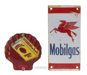 Two garage enamel signs, "MOBILGAS" and "SHELL MOTOR OIL", mid 20th century, 20cm and 12cm high