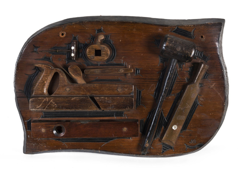 A 19th century hardware shop carpenter's display mounted with tools on timber board, 44 x 60cm