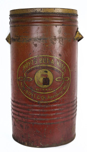 "HOYT'S BUT-A-KISS" general store advertising tin with lid, circa 1930s, 60cm high