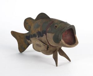 A vintage fishing lure point of sale fish figure, painted timber and tin, signed "R.I.B.", mid 20th century, 30cm long