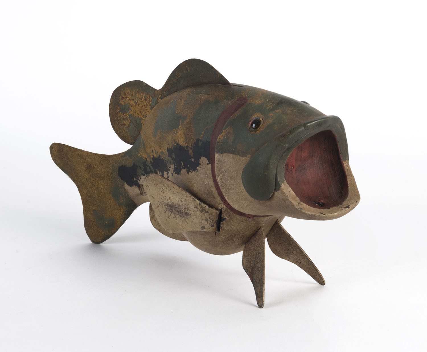 A vintage fishing lure point of sale fish figure, painted timber and tin,  signed R.I.B. , mid 20th century, 30cm long