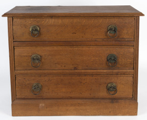 An American oak three drawer miniature chest with ring pull handles, late 19th century, 46cm high, 28cm wide 54cm deep