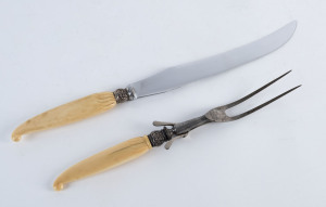 A carving knife and fork with ivory handles, 19th century, knife 38cm long