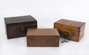 Three antique timber boxes, mahogany and hardwood, 19th century, the largest 13.5cm high, 27cm wide, 19.5cm deep