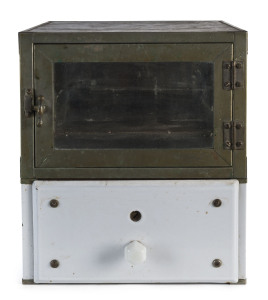 Barber's cabinet, nickel bound enamel case, 19th century, 35cm high, 31cm wide, 29cm deep