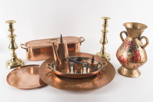 Pair of antique brass candlesticks, copper fish kettle, coffee set, tray, dish and metal pot, 19th and 20th century, tallest 31cm high