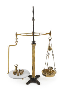 Set of brass and iron scales with porcelain pan and assorted weights including nice set of bell weights 91cm high