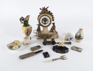 Souvenir porcelain, Dresden porcelain teaware, porcelain ewer, opera glasses, straight razor, bread fork, French clock A/F), ashtray, miniature antique book and holder, 19th and 20rth century, the ewer 21cm high