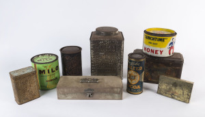 Nine assorted antique and vintage tins and boxes including rare CADBURY CHOCOLATES velvet box, ROBUR TEA tin, MILO, COCOA etc, 19th and 20th century, Robur tin 22cm high