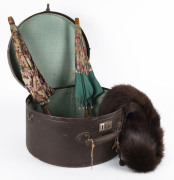 Vintage hat case, mink fur stole and two vintage parasols, early 20th century, the case 40cm across