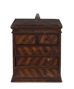 An apprentice chest of five drawers with lift top compartment, mahogany and walnut, 19th century, 26cm high, 21cm wide, 11cm deep