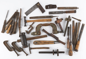 Accumulation of antique hand tools, 19th and early 20th century, mallet 33cm high