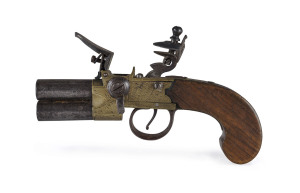 FLINTLOCK English twin barrel pocket pistol by EDWARD WESTON, early 19th century, marked "Ed. WESTON, LEWES", 16cm long