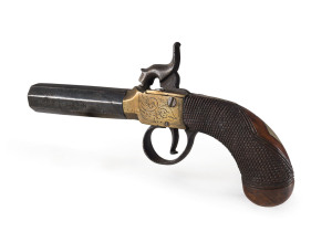 English percussion cap pocket pistol engraved brass with walnut stock and octagonal steel barrel, circa 1835, 18cm long