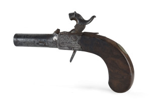 English percussion cap pocket pistol with retractable trigger, circa 1830, marked "H.P. INCHES", 18.5cm long