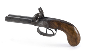 Percussion cap octagonal double-barreled pocket pistol, c.1835, Each barrel stamped with number "5", 22cm long.