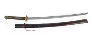 A Japanese sword and scabbard, sharks skin handle with gilt metal tsuba and fittings encased in a WWll period leather cover, 102cm long