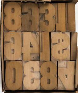 Set of 30 carved wooden large format number type printing blocks, circa 1920, each block 10.5cm high