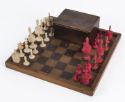 Antique carved bone chess set and timber board, 19th century, the board 26 x 26cm