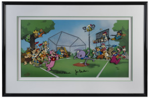 Original Hanna-Barbera Limited Edition Cel, "Play Ball" 1992, #399 of 400. Characters: The Flintstones, The Jetsons, Yogi Bear and other Hanna-Barbera characters, With Certificate of Authenticity. 56 x 84cm (frame size)