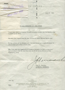 THE BEATLES IN AUSTRALIA - 1964 30 July 1964 letter "TO ALL MEMBERS OF STAFF" on Southern Cross Hotel, Melbourne letterhead from John C. Carrodus, General Manager: I have been asked by a member of staff for pieces of [bed] sheet that the Beatles slept in 