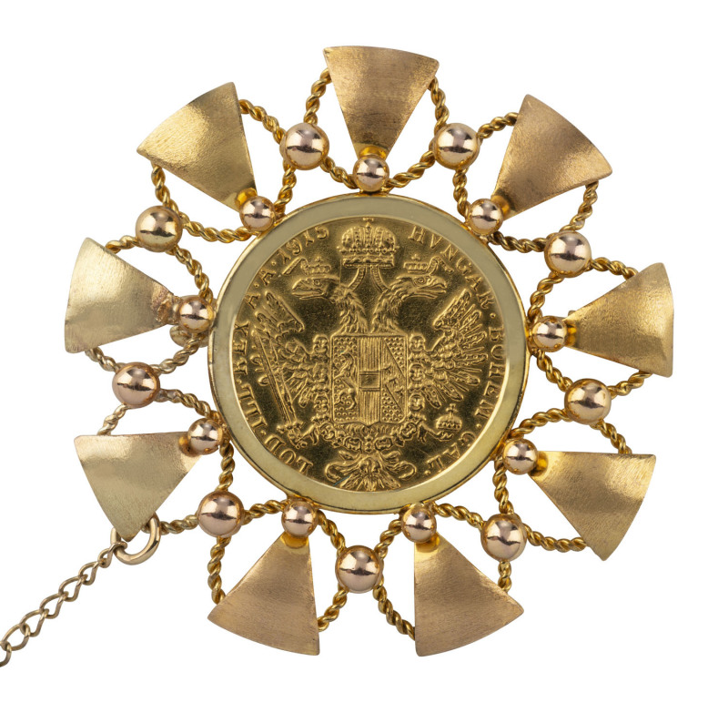 Austro-Hungarian 1915 One Ducat gold coin brooch in gold brooch mount, ​4cm diameter, 9 grams total