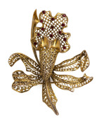 ZEETA Orchid brooch, 9ct yellow gold set with garnets, stamped "Zeeta, 9ct", ​5.5cm high, 11.5 grams