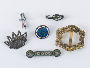 Three enamel and silver brooches, micro-mosaic brooch, shoe buckle and crown brooch, 19th and early 20th century,