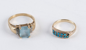 Two gold rings set with turquoise, blue topaz and diamonds.