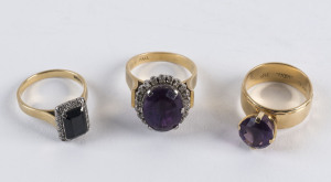 Three 18ct gold ladies cocktail rings set with amethysts, diamonds and sapphire, ​25 grams total