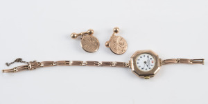 Pair of 9ct gold antique cufflinks and a 9ct gold cased vintage watch