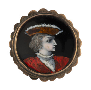 A French enamel portrait brooch in 9ct rose gold mount, 19th century, ​2.8cm diameter