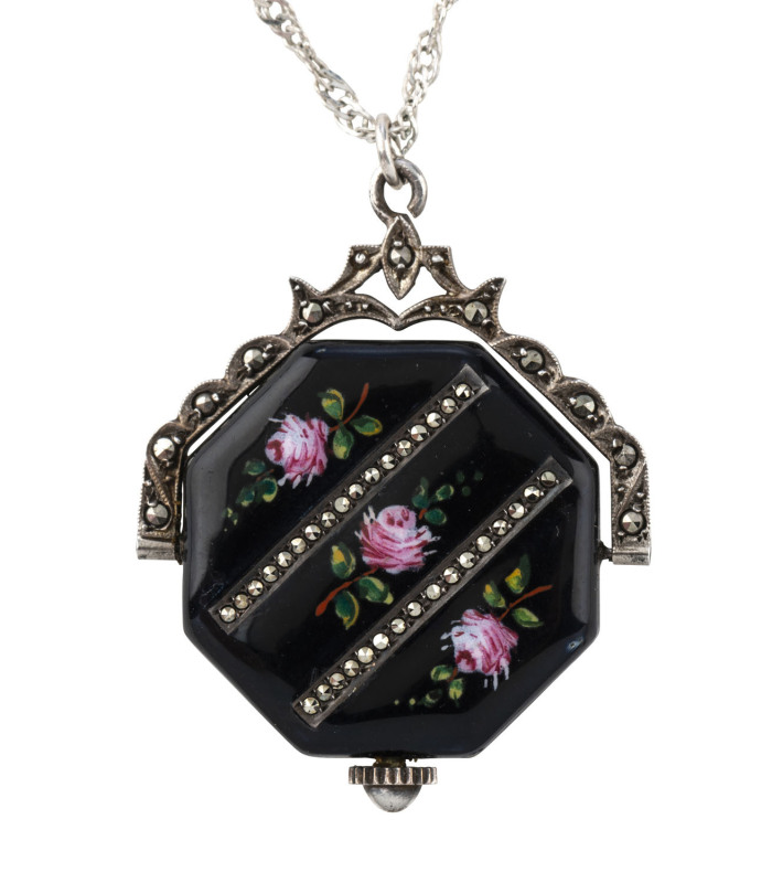 BUCHERER Art Deco ladies pendant watch on silver chain, enamel and marcasite, circa 1925, ​3.5cm high