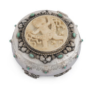 LUDWIG WITTMAN for DAVID ANDERSEN Norwegian silver box with carved ivory lid encrusted with turquoise, circa 1910, makers stamps to base, 6cm high, 12cm diameter